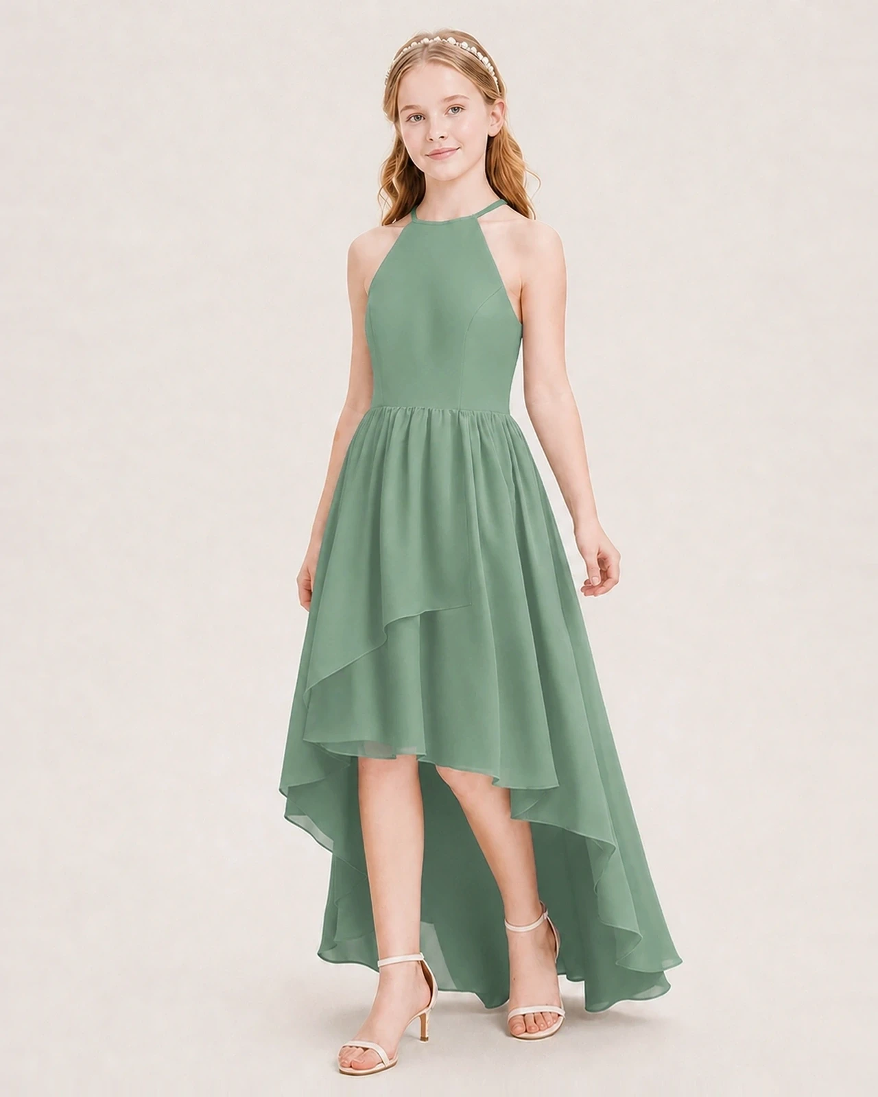 Eucalyptus Chiffon High-Low Junior Bridesmaid Dresses Front View
