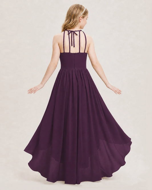 Grape Chiffon High-Low Junior Bridesmaid Dresses Back View