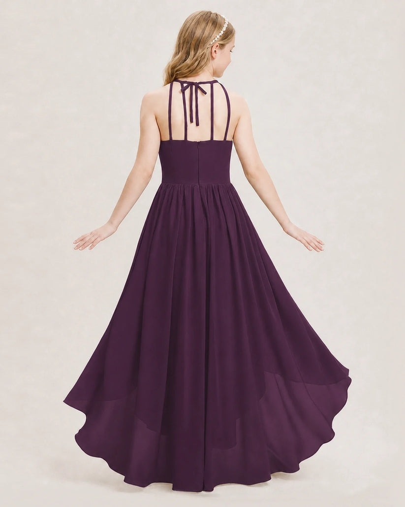 Grape Chiffon High-Low Junior Bridesmaid Dresses Back View