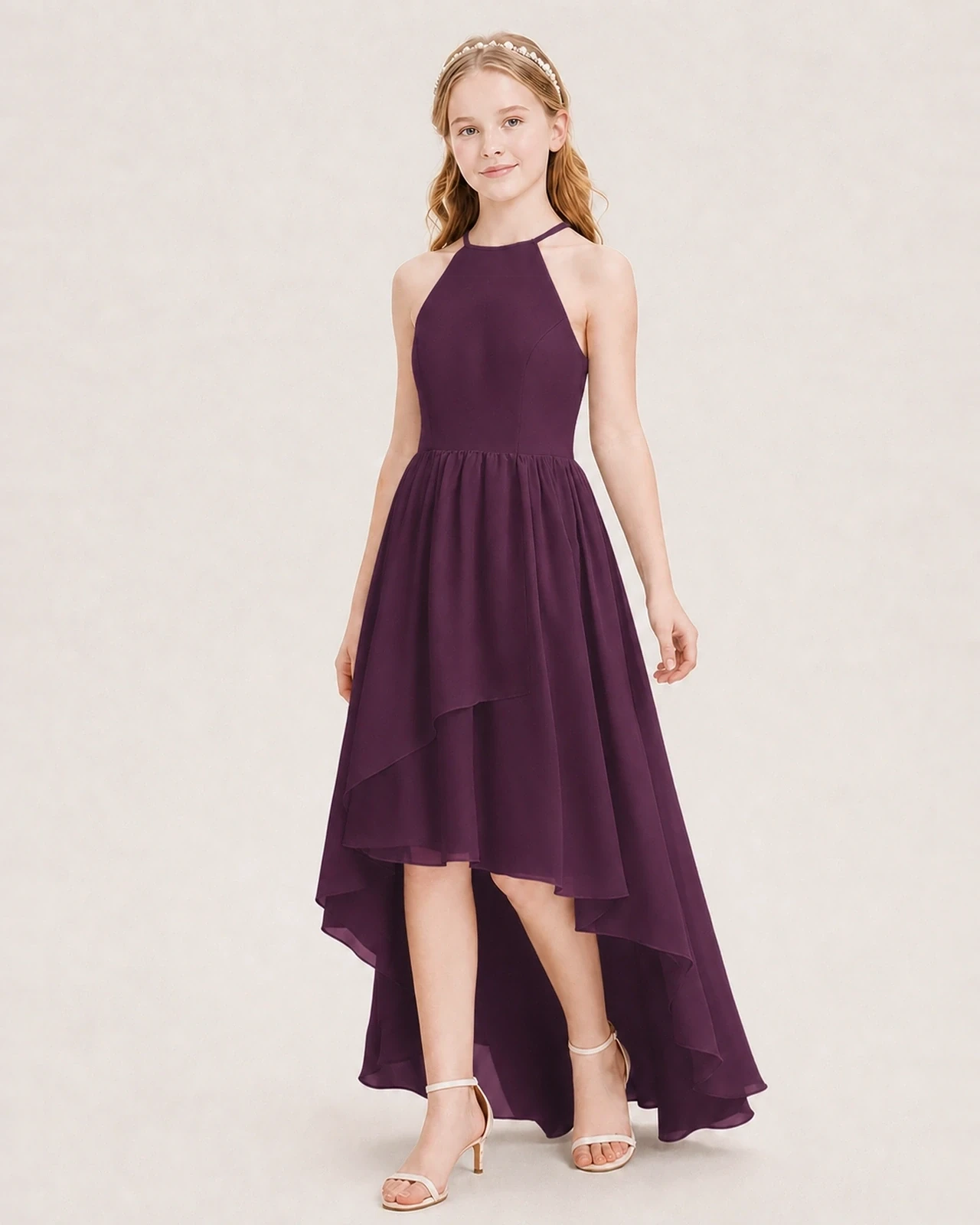 Dideyttawl Halter High-Low Chiffon Junior Bridesmaid Dress