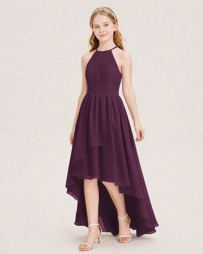 Grape Chiffon High-Low Junior Bridesmaid Dresses Front View