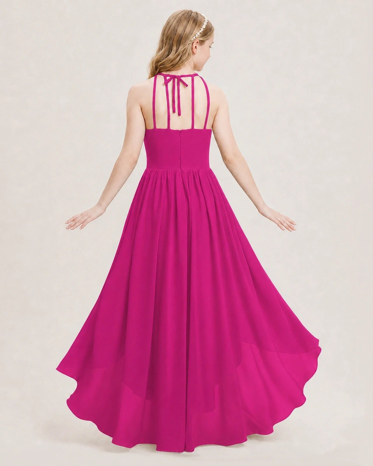 Dideyttawl Halter High-Low Chiffon Junior Bridesmaid Dress
