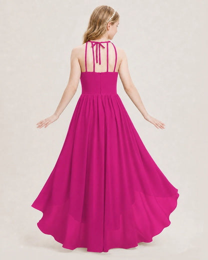 Dideyttawl Halter High-Low Chiffon Junior Bridesmaid Dress