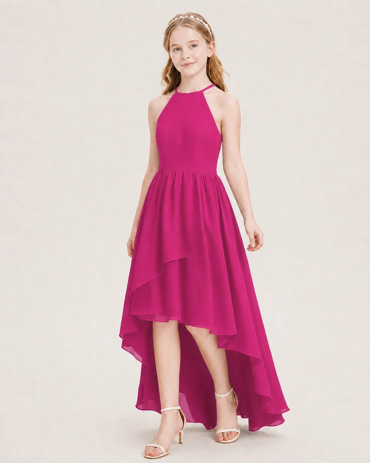 Dideyttawl Halter High-Low Chiffon Junior Bridesmaid Dress