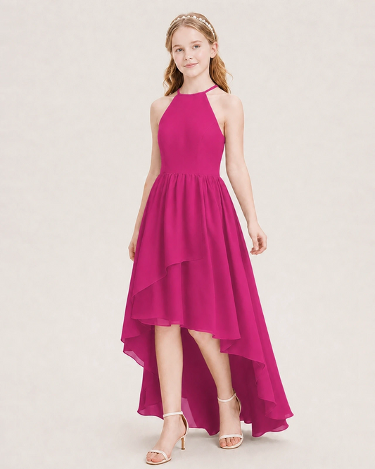 Hot Pink Chiffon Halter High Low Junior Bridesmaid Dresses Front View