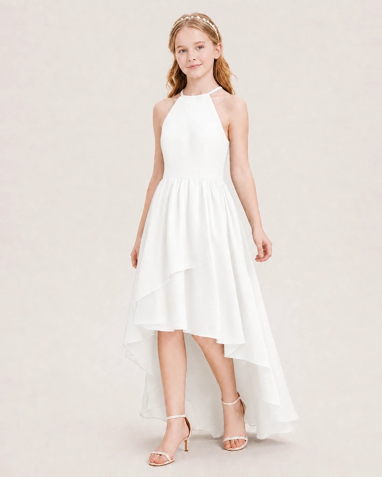 Dideyttawl Halter High-Low Chiffon Junior Bridesmaid Dress