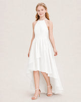 Ivory chiffon halter high-low junior bridesmaid dress Front View