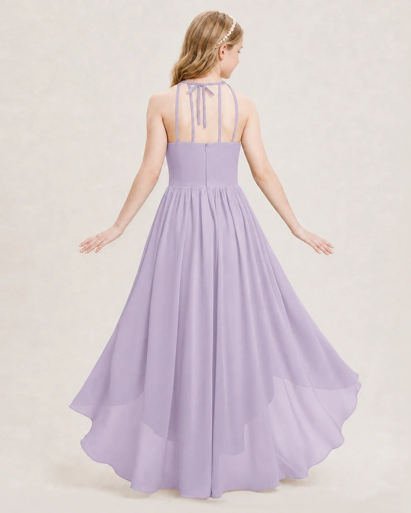Lavender Chiffon Halter High Low Junior Bridesmaid Dresses Back View