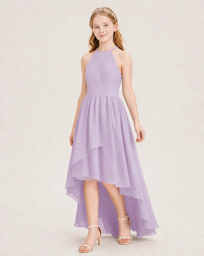 Dideyttawl Halter High-Low Chiffon Junior Bridesmaid Dress