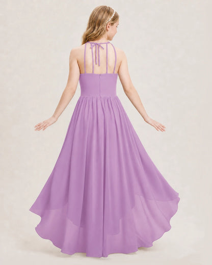 Dideyttawl Halter High-Low Chiffon Junior Bridesmaid Dress