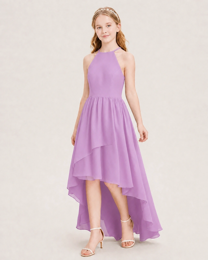 Dideyttawl Halter High-Low Chiffon Junior Bridesmaid Dress