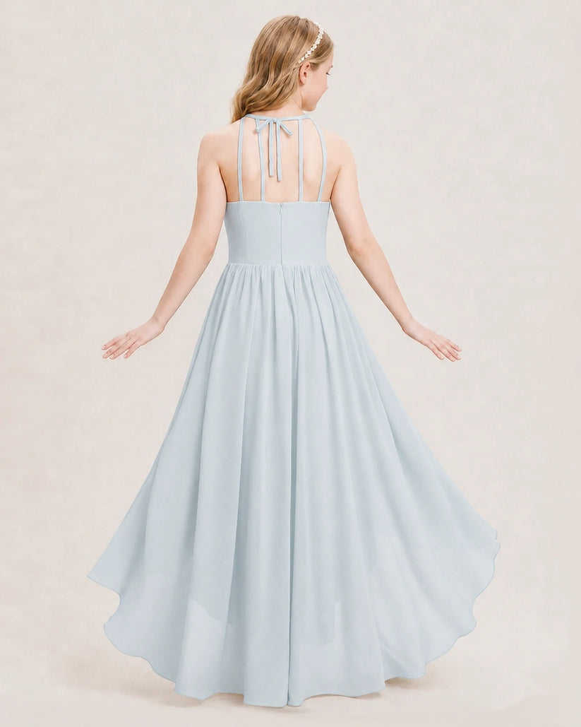 Mist Chiffon Halter High Low Junior Bridesmaid Dresses Back View