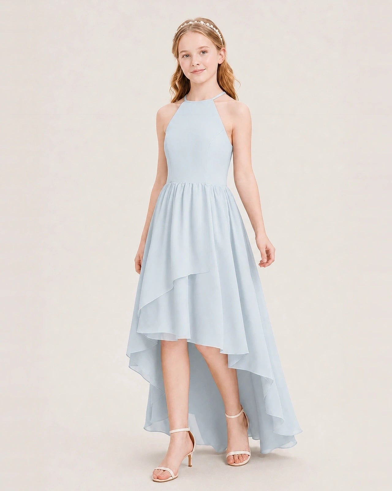 Dideyttawl Halter High-Low Chiffon Junior Bridesmaid Dress