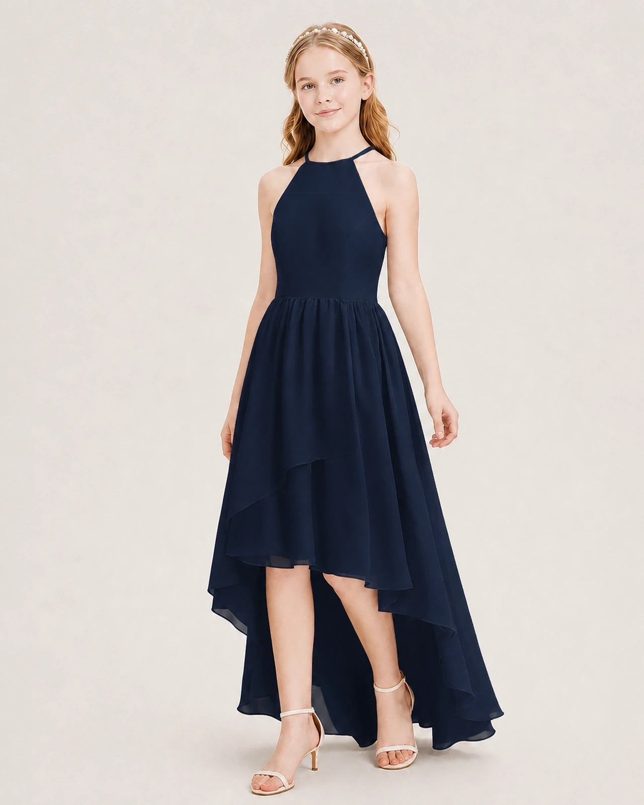 Dideyttawl Halter High-Low Chiffon Junior Bridesmaid Dress
