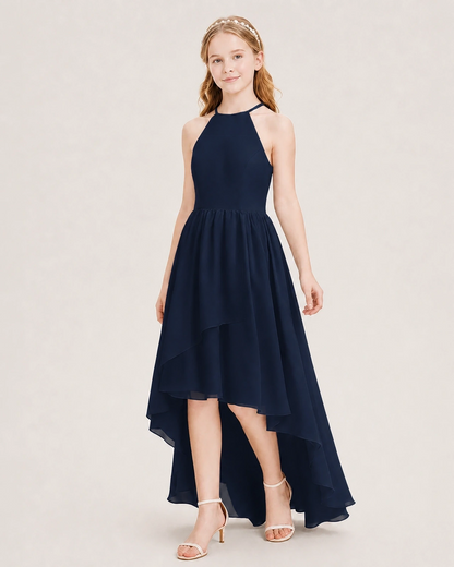 Dideyttawl Halter High-Low Chiffon Junior Bridesmaid Dress