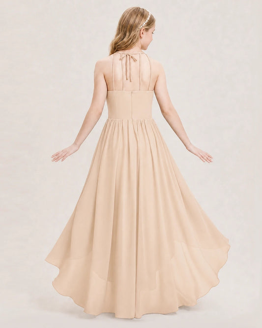 Peach Chiffon Halter High-Low Junior Bridesmaid Dresses Back View