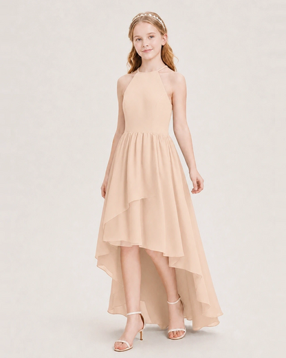 Dideyttawl Halter High-Low Chiffon Junior Bridesmaid Dress