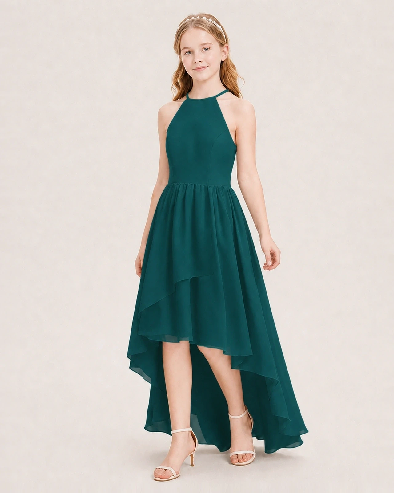 Dideyttawl Halter High-Low Chiffon Junior Bridesmaid Dress