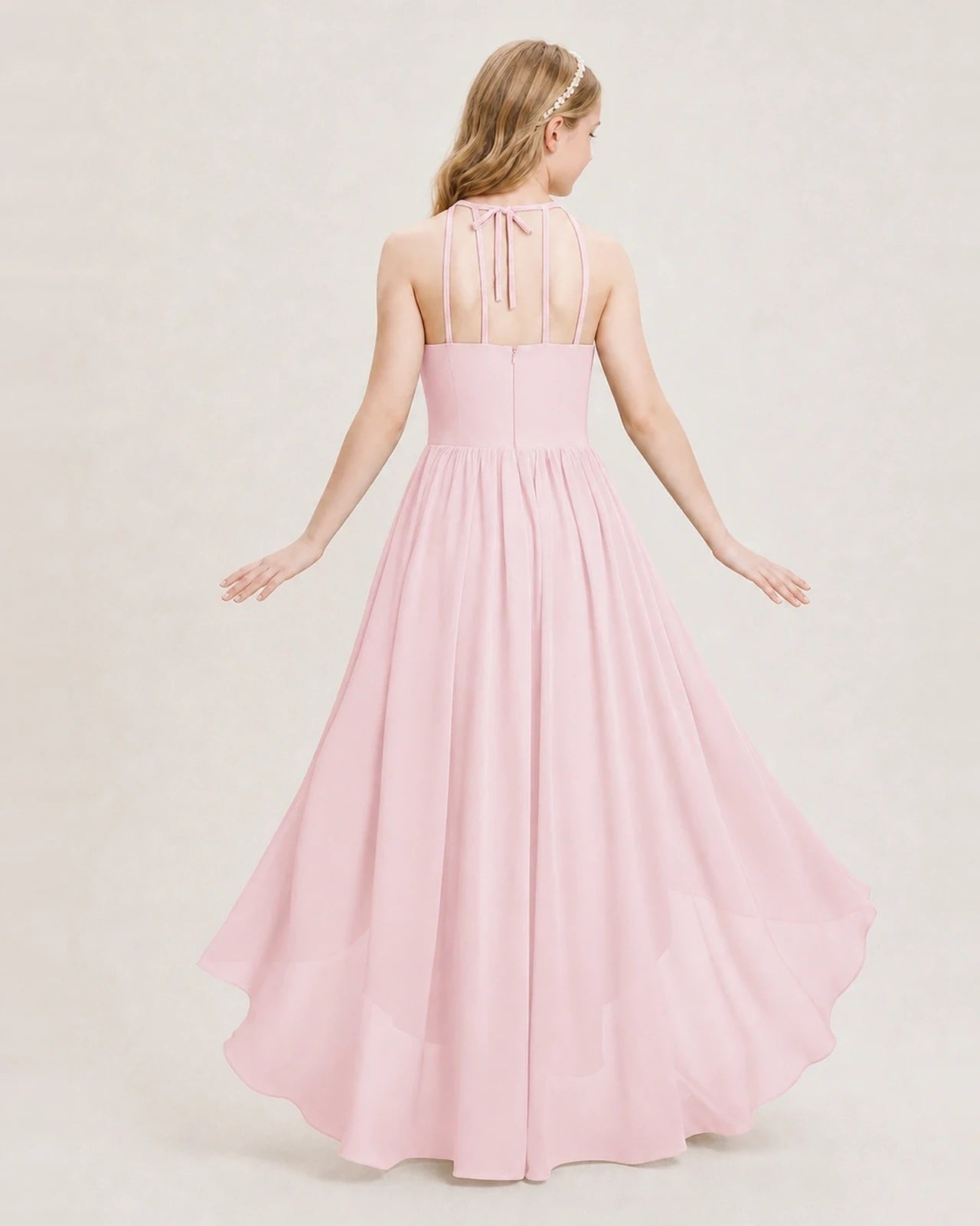 Dideyttawl Halter High-Low Chiffon Junior Bridesmaid Dress