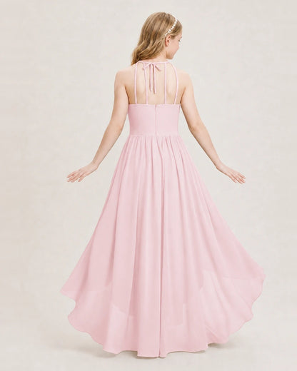 Dideyttawl Halter High-Low Chiffon Junior Bridesmaid Dress