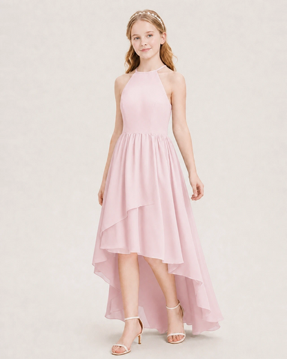 Dideyttawl Halter High-Low Chiffon Junior Bridesmaid Dress