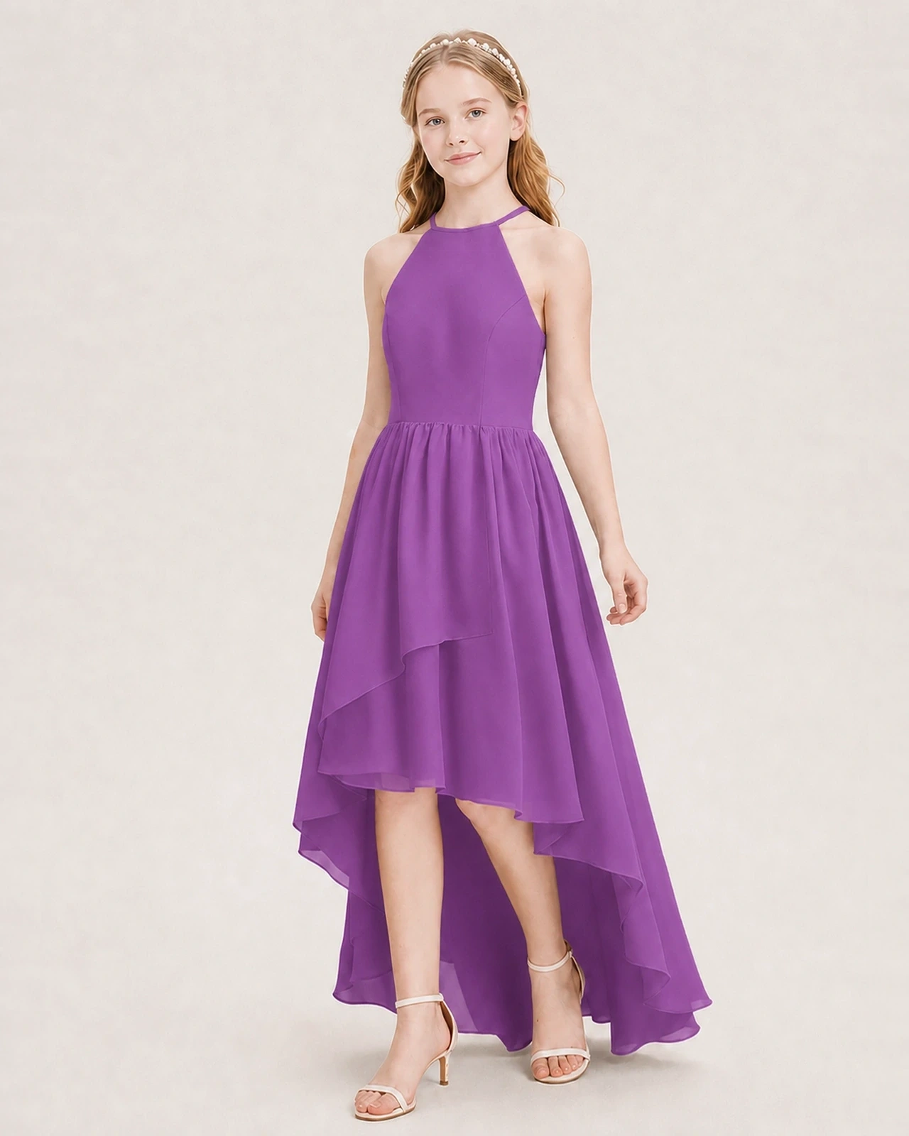 Dideyttawl Halter High-Low Chiffon Junior Bridesmaid Dress