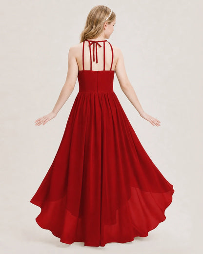 Dideyttawl Halter High-Low Chiffon Junior Bridesmaid Dress