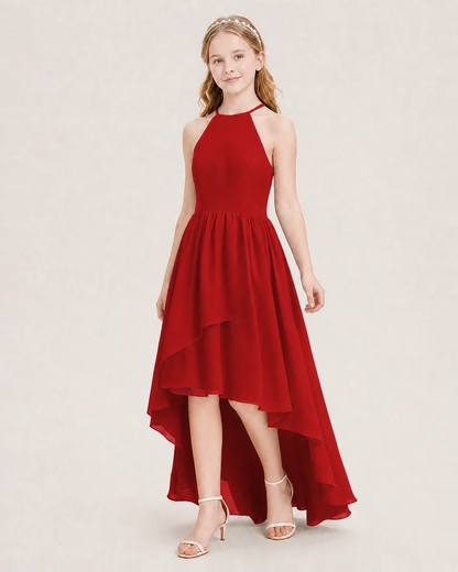Dideyttawl Halter High-Low Chiffon Junior Bridesmaid Dress