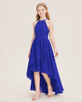 Royal Blue Chiffon Halter High-Low Junior Bridesmaid Dresses Front View