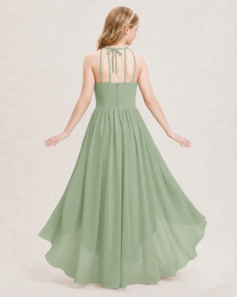 Sage Green Chiffon Halter A-Line Junior Bridesmaid Dresses Back View