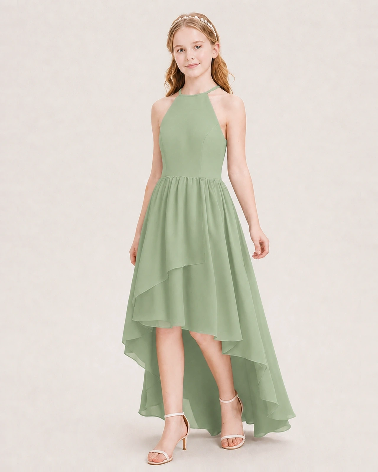 Dideyttawl Halter High-Low Chiffon Junior Bridesmaid Dress