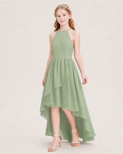 Dideyttawl Halter High-Low Chiffon Junior Bridesmaid Dress