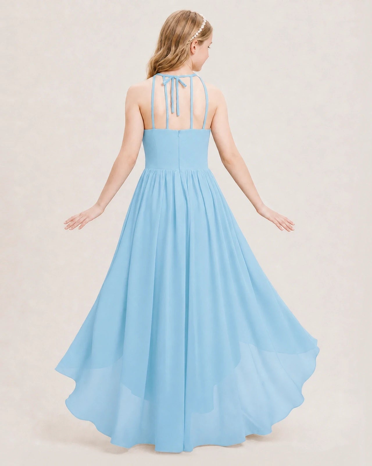 Dideyttawl Halter High-Low Chiffon Junior Bridesmaid Dress