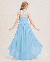 Sky Blue Chiffon Halter High Low Junior Bridesmaid Dresses Back View