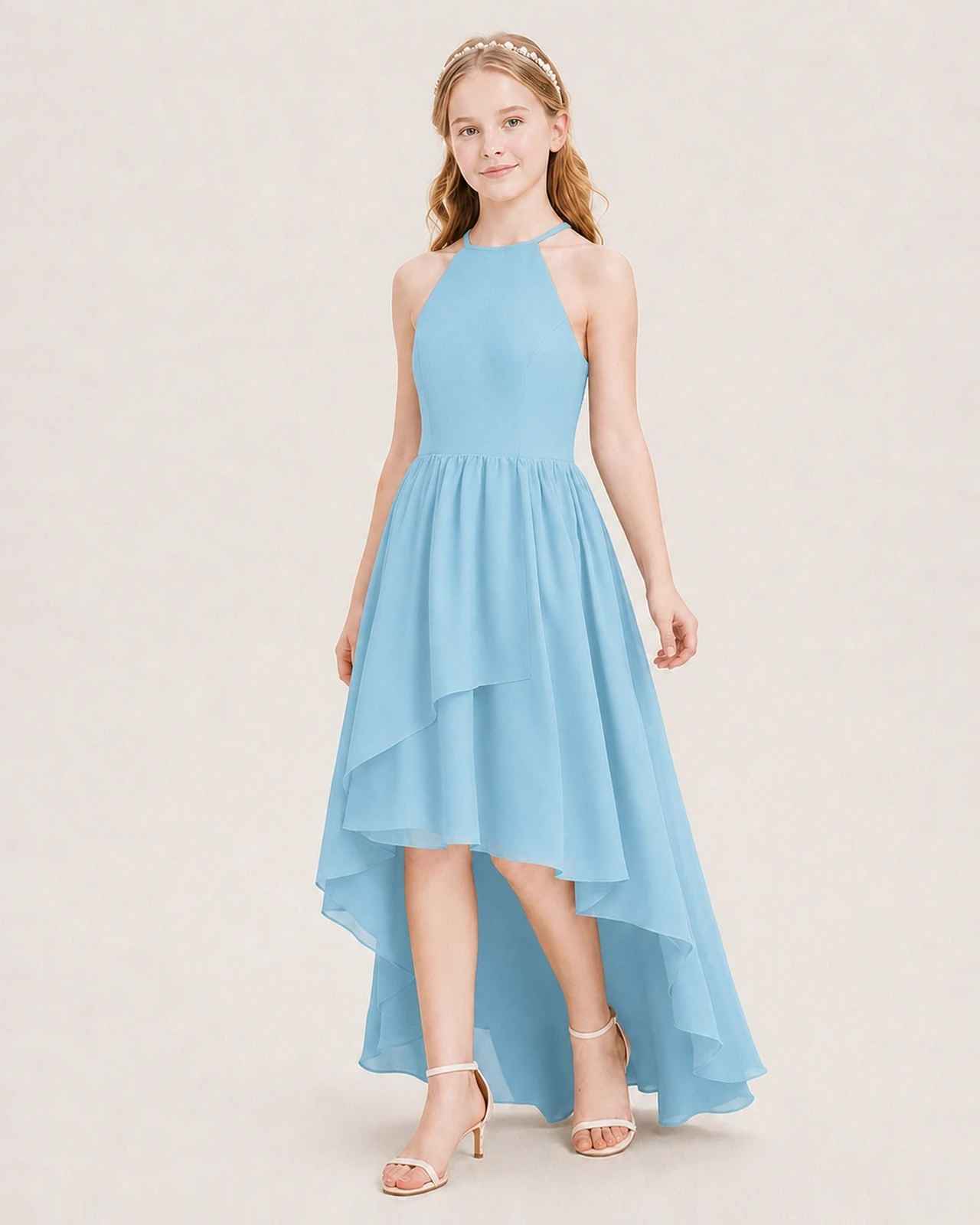 Dideyttawl Halter High-Low Chiffon Junior Bridesmaid Dress