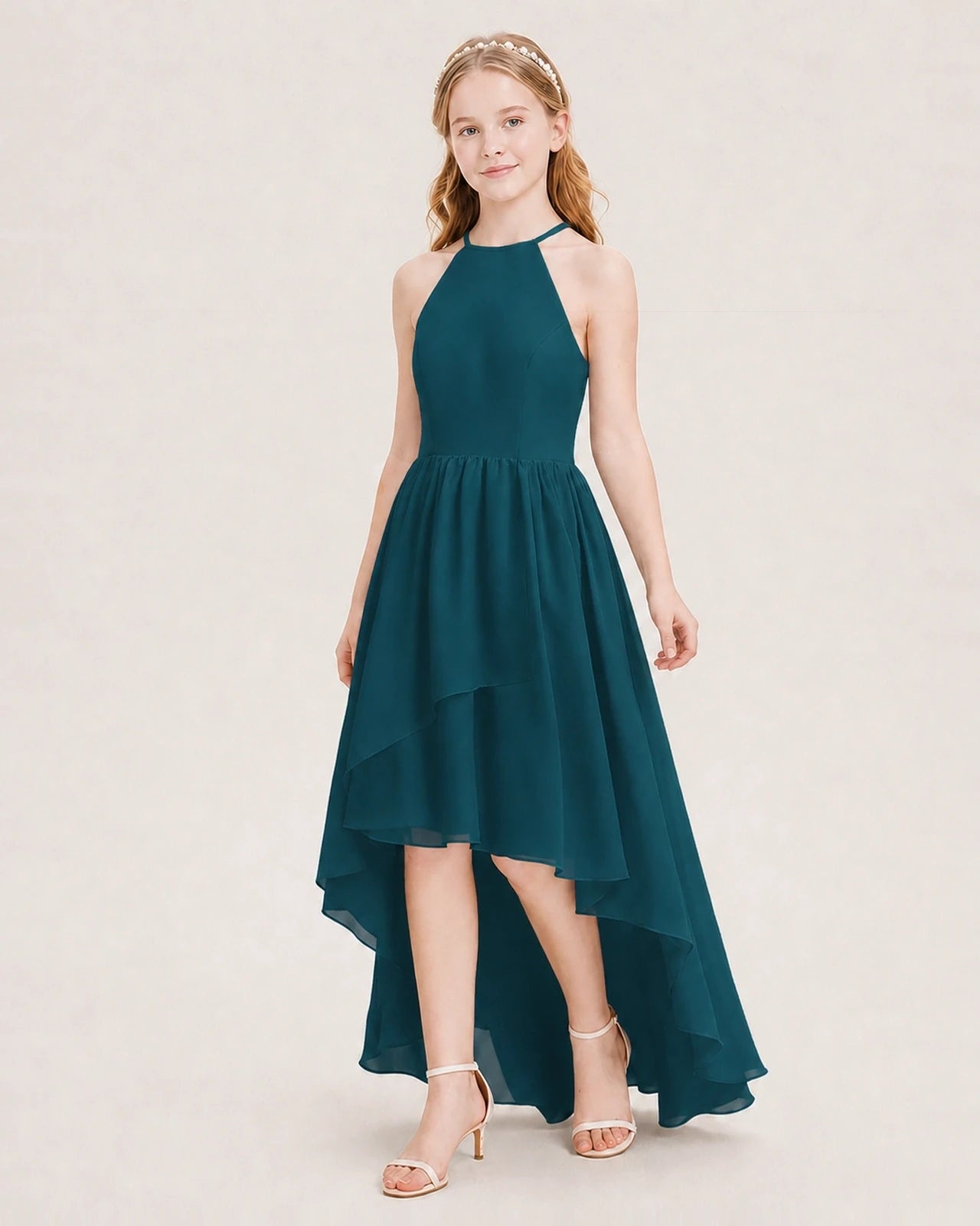Dideyttawl Halter High-Low Chiffon Junior Bridesmaid Dress
