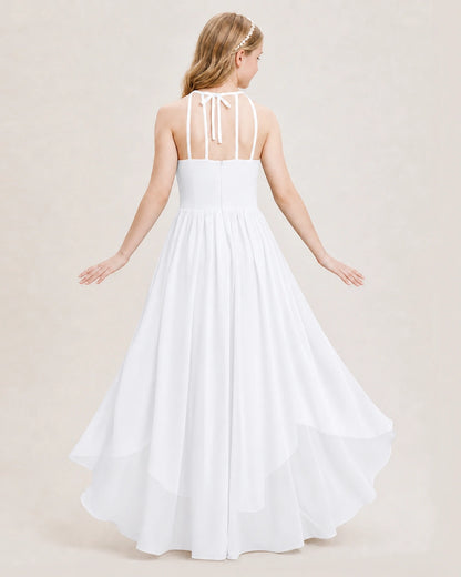 Dideyttawl Halter High-Low Chiffon Junior Bridesmaid Dress