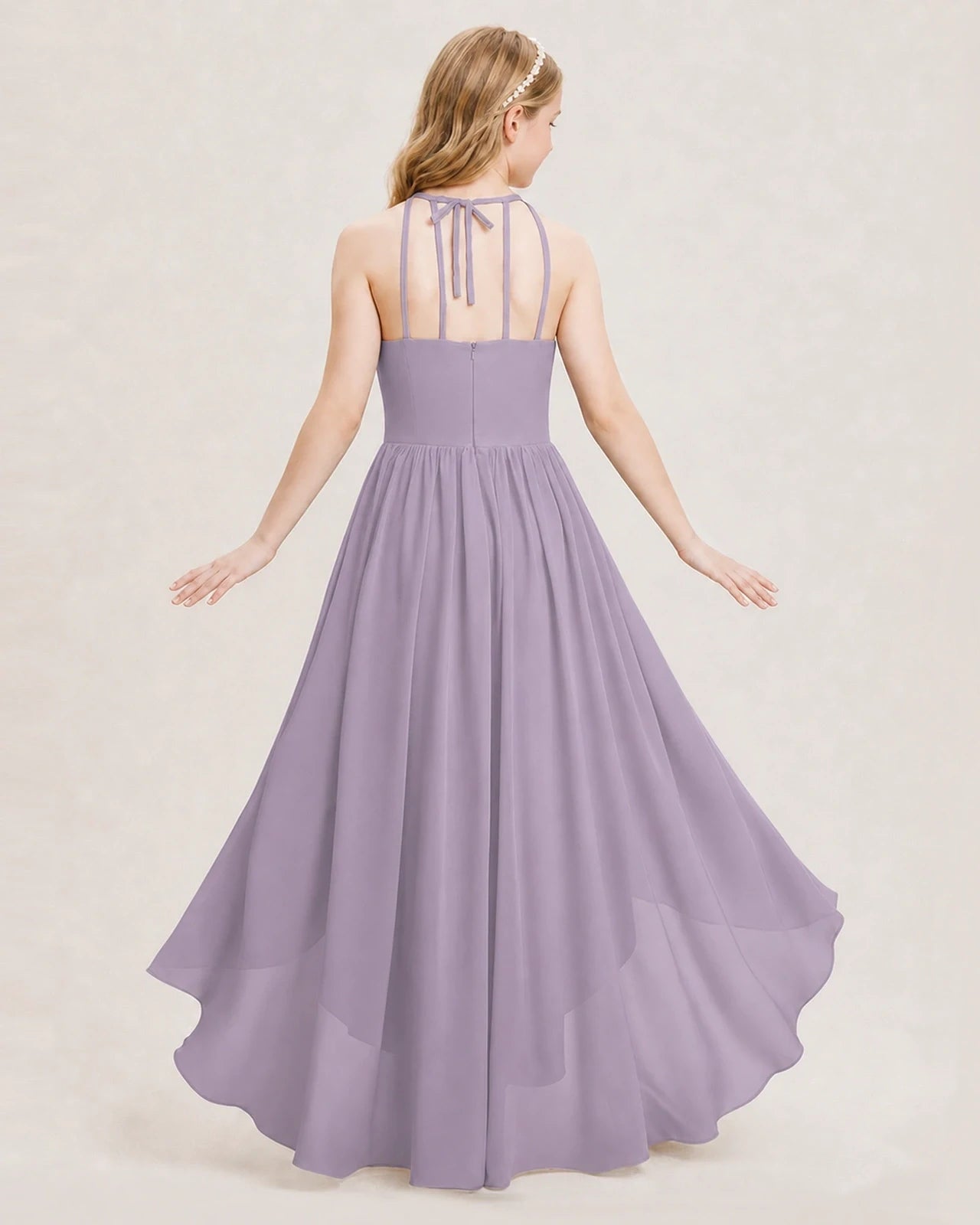 Dideyttawl Halter High-Low Chiffon Junior Bridesmaid Dress