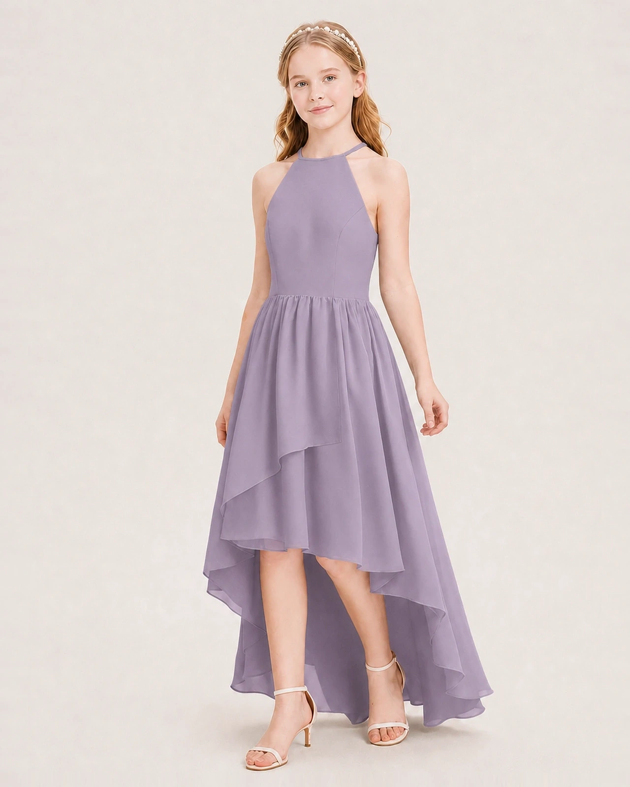 Dideyttawl Halter High-Low Chiffon Junior Bridesmaid Dress