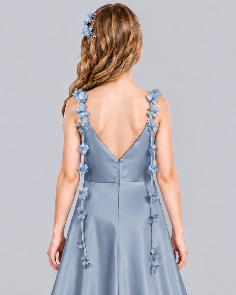 Dusty Blue A-line Junior Bridesmaid Dress Back_Detail [Shared]
