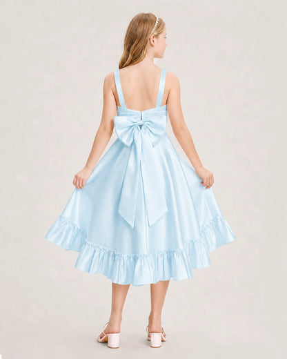 Dideyttawl Satin High-Low Junior Bridesmaid Dress with Bow