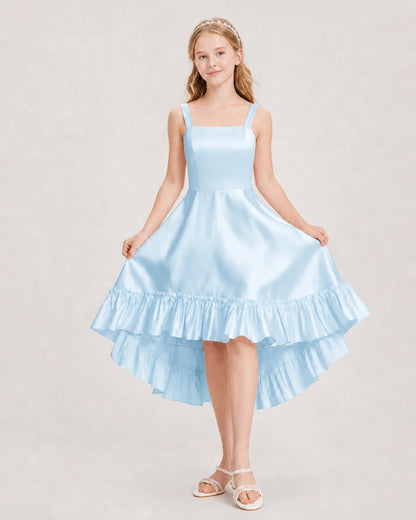 Dideyttawl Satin High-Low Junior Bridesmaid Dress with Bow