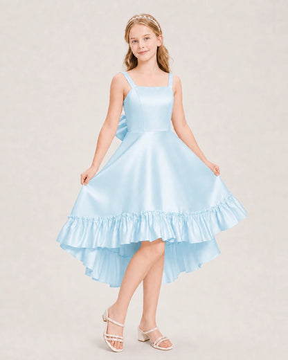 Dideyttawl Satin High-Low Junior Bridesmaid Dress with Bow
