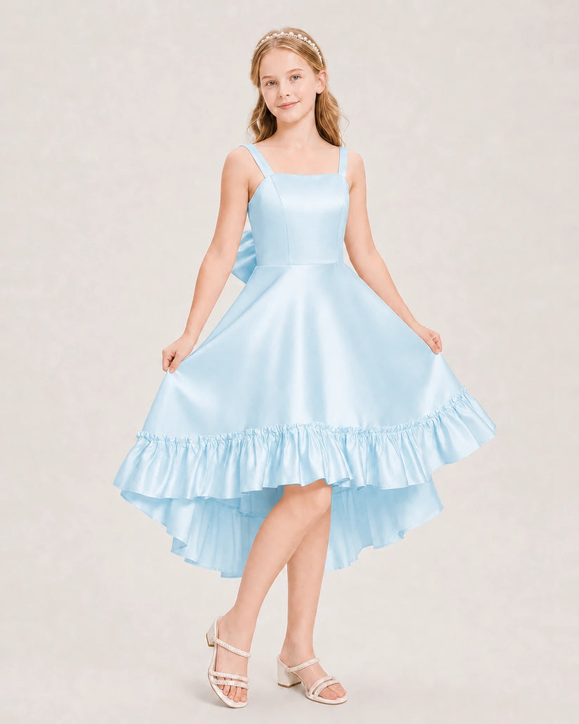 Baby Blue Satin High-Low Junior Bridesmaid Dresses Front View