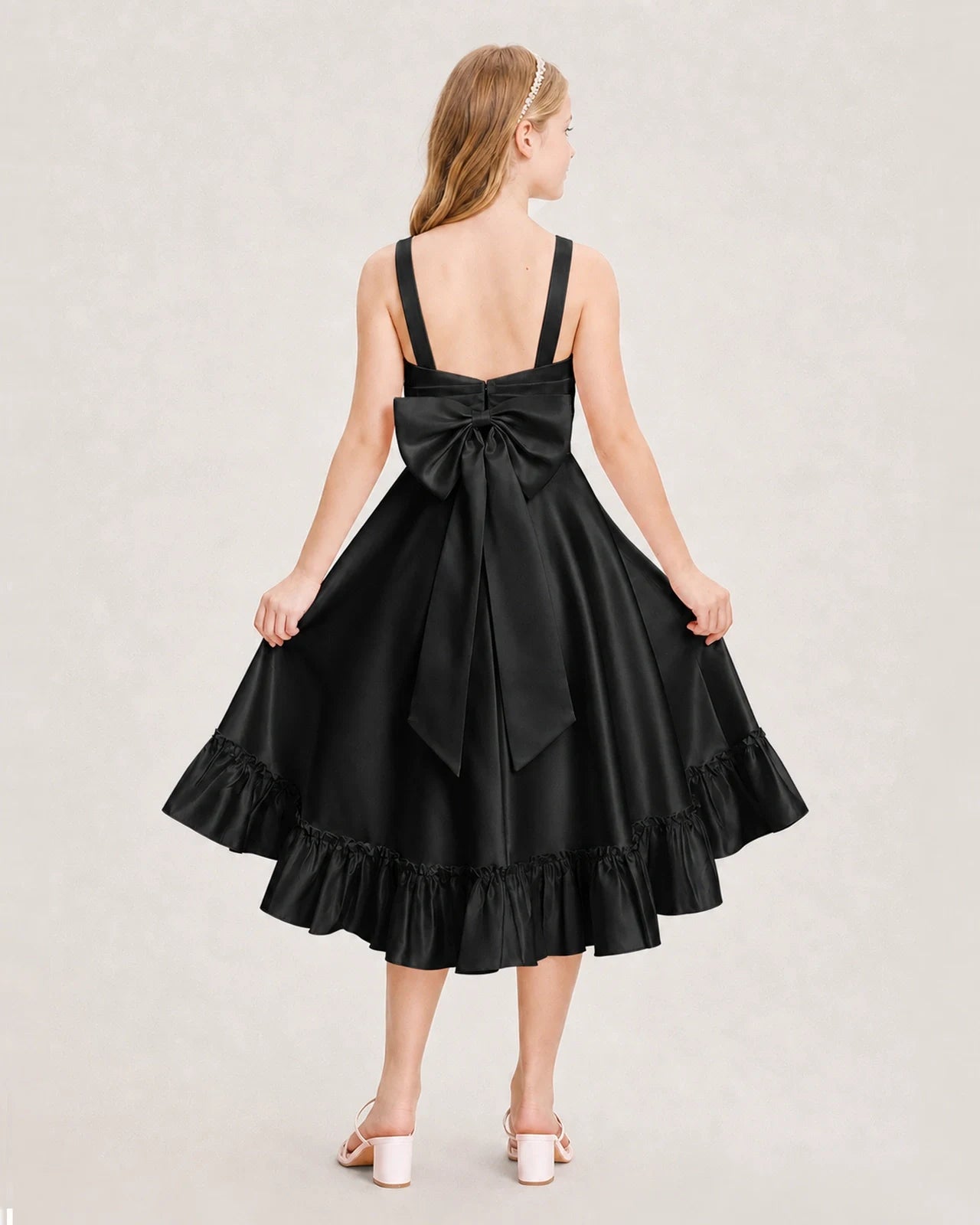 Dideyttawl Satin High-Low Junior Bridesmaid Dress with Bow