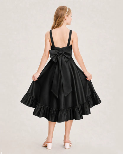 Dideyttawl Satin High-Low Junior Bridesmaid Dress with Bow