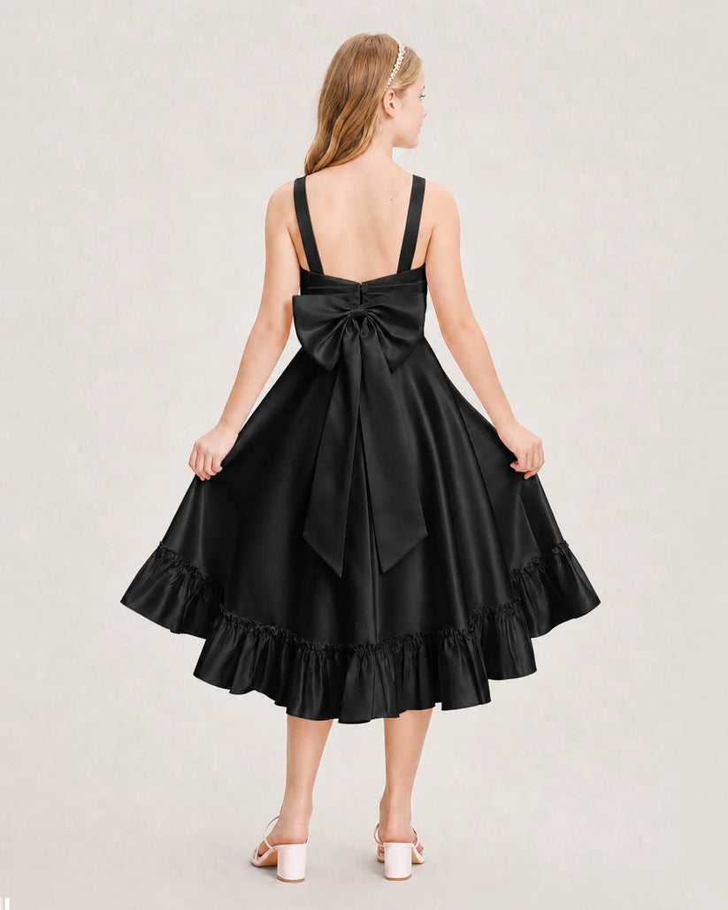 Black Satin Bow A-Line Junior Bridesmaid Dresses Back View