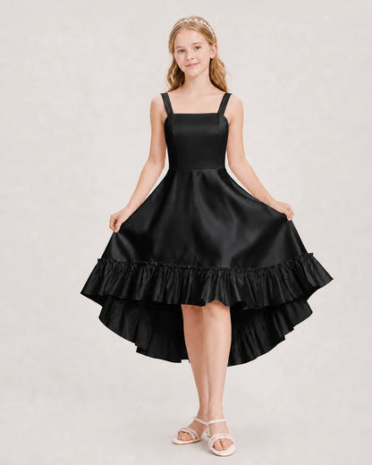 Dideyttawl Satin High-Low Junior Bridesmaid Dress with Bow