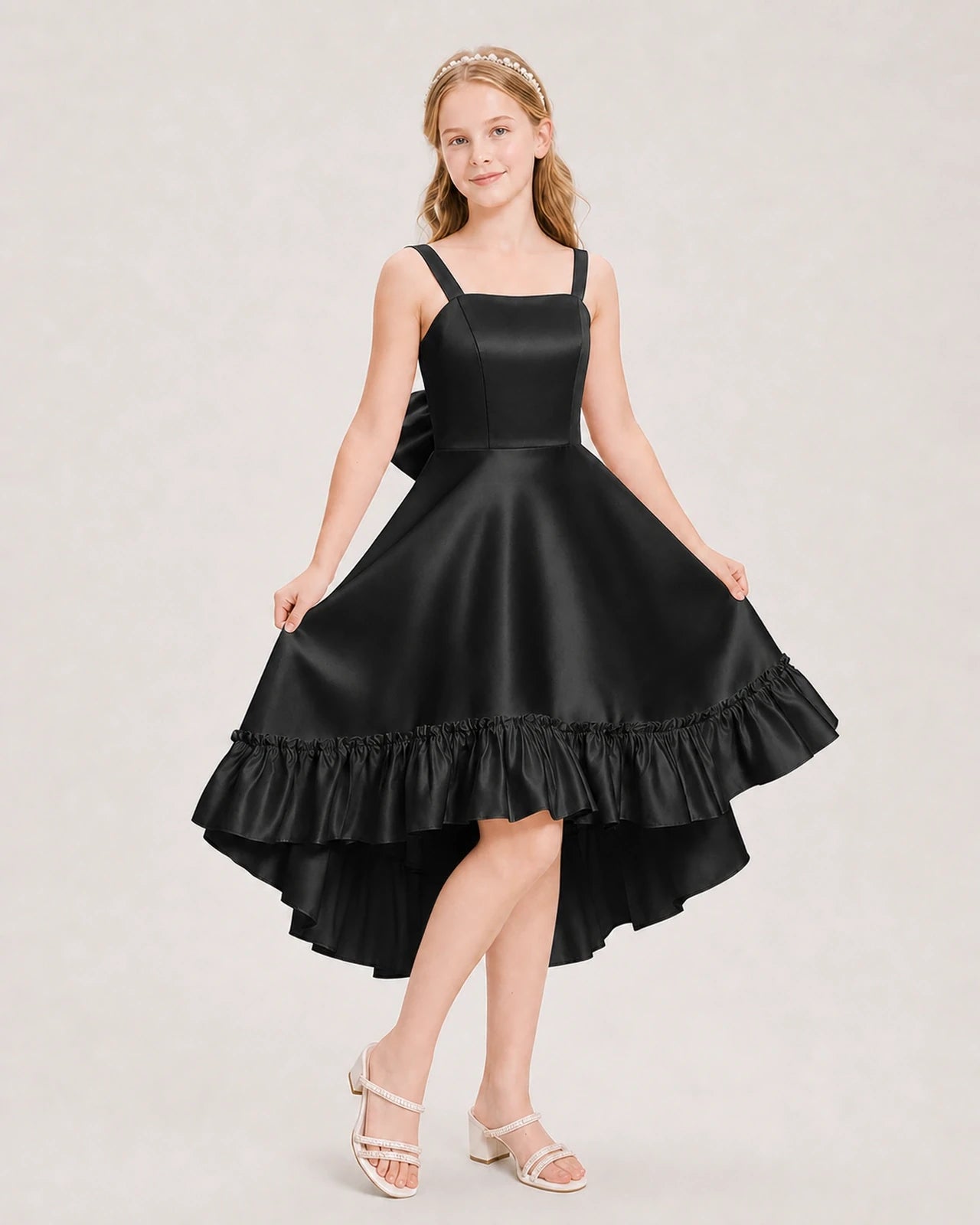 Dideyttawl Satin High-Low Junior Bridesmaid Dress with Bow