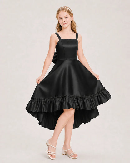 Dideyttawl Satin High-Low Junior Bridesmaid Dress with Bow